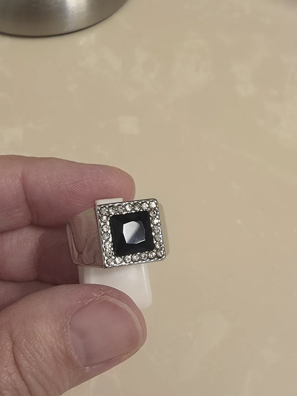 Men's Silver CZ and Onyx Statement Ring Size 8